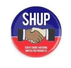 Logo for South Shore Haitians United for Progress (SHUP), showing a handshake between a light-skinned and dark-skinned hand, symbolizing unity. The top of the logo has the acronym "SHUP" and the bottom reads the group's full name