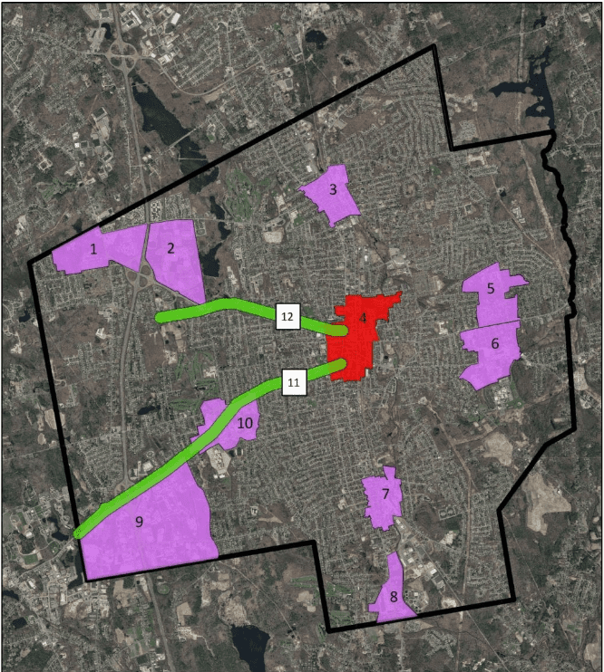 Map showing neighborhood planning efforts for downtown brockton.