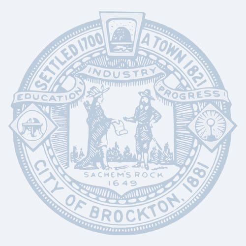 Seal of the City of Brockton featuring two figures at Sachem’s Rock, with the words 'Education,' 'Industry,' and 'Progress,' and dates: Settled 1700, Town 1821, City 1881.