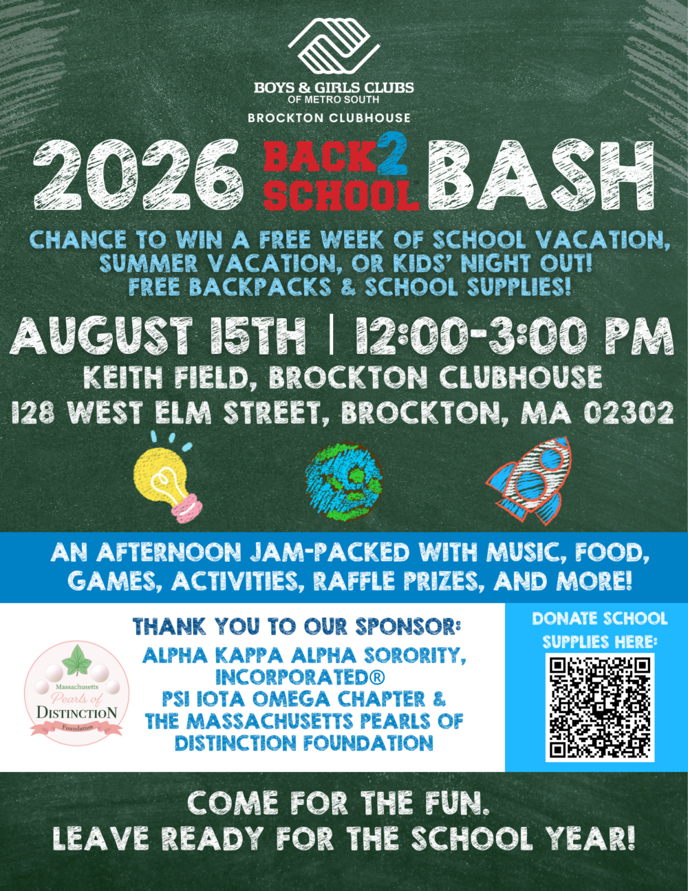 On Saturday, August 15, from 12:00 p.m. to 3:00 p.m., we will be hosting our Back-to-School Bash & Backpack Giveaway for Brockton families. The event will feature games, food, family activities, community resources, and opportunities for youth to register for our programs. Thanks to the generous support of Alpha Kappa Alpha Sorority, Incorporated® Psi Iota Omega Chapter , we will also be distributing backpacks and school supplies to help students prepare for a successful school year.