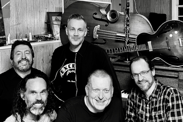 Black and white image of the Smack Dabs five musicians.